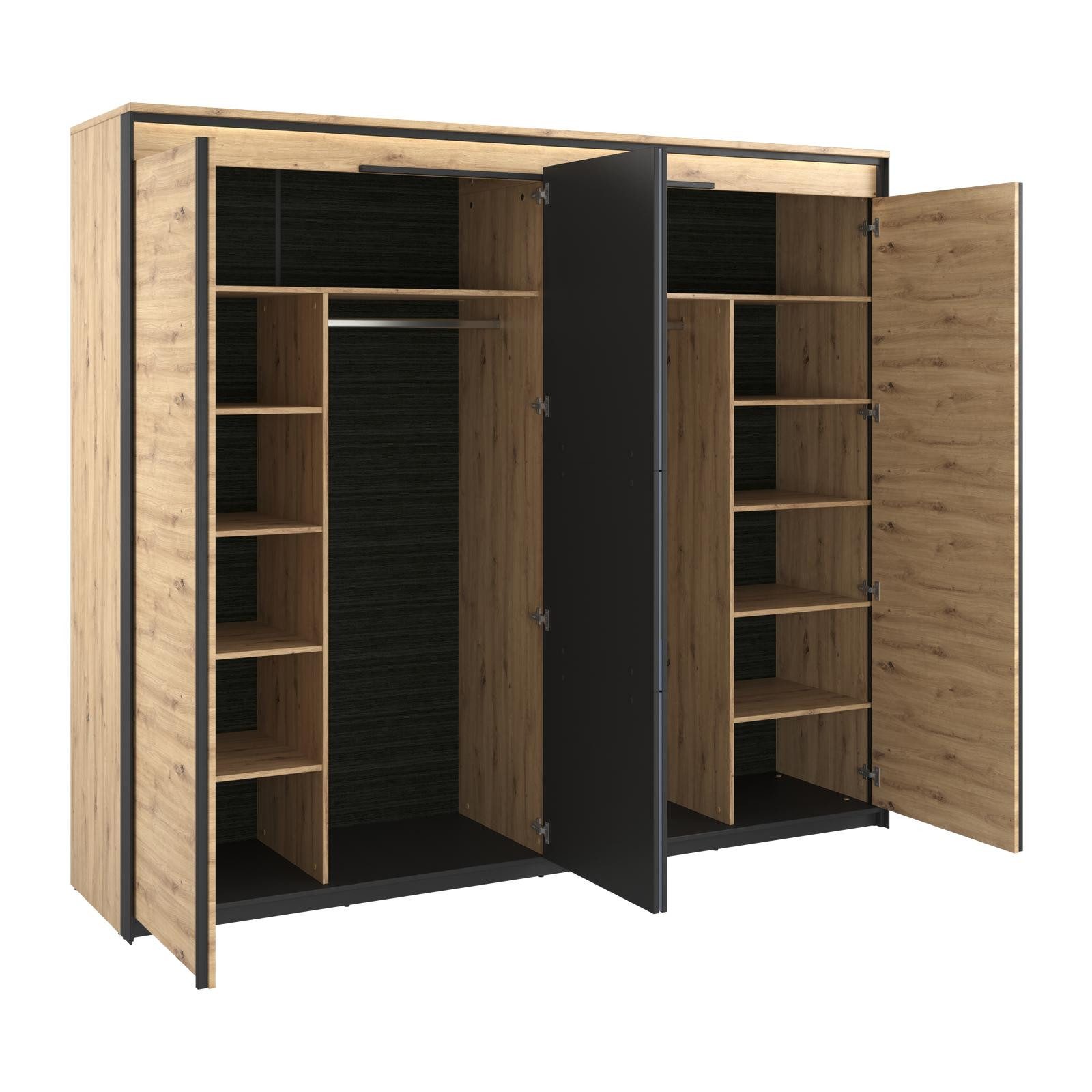 HAUSELEMENT Kleiderschrank QUANT QS-05 LED-Beleuchtung 250 x 221 cm Drehtürenschrank Spiegel 4 Türen Schrank