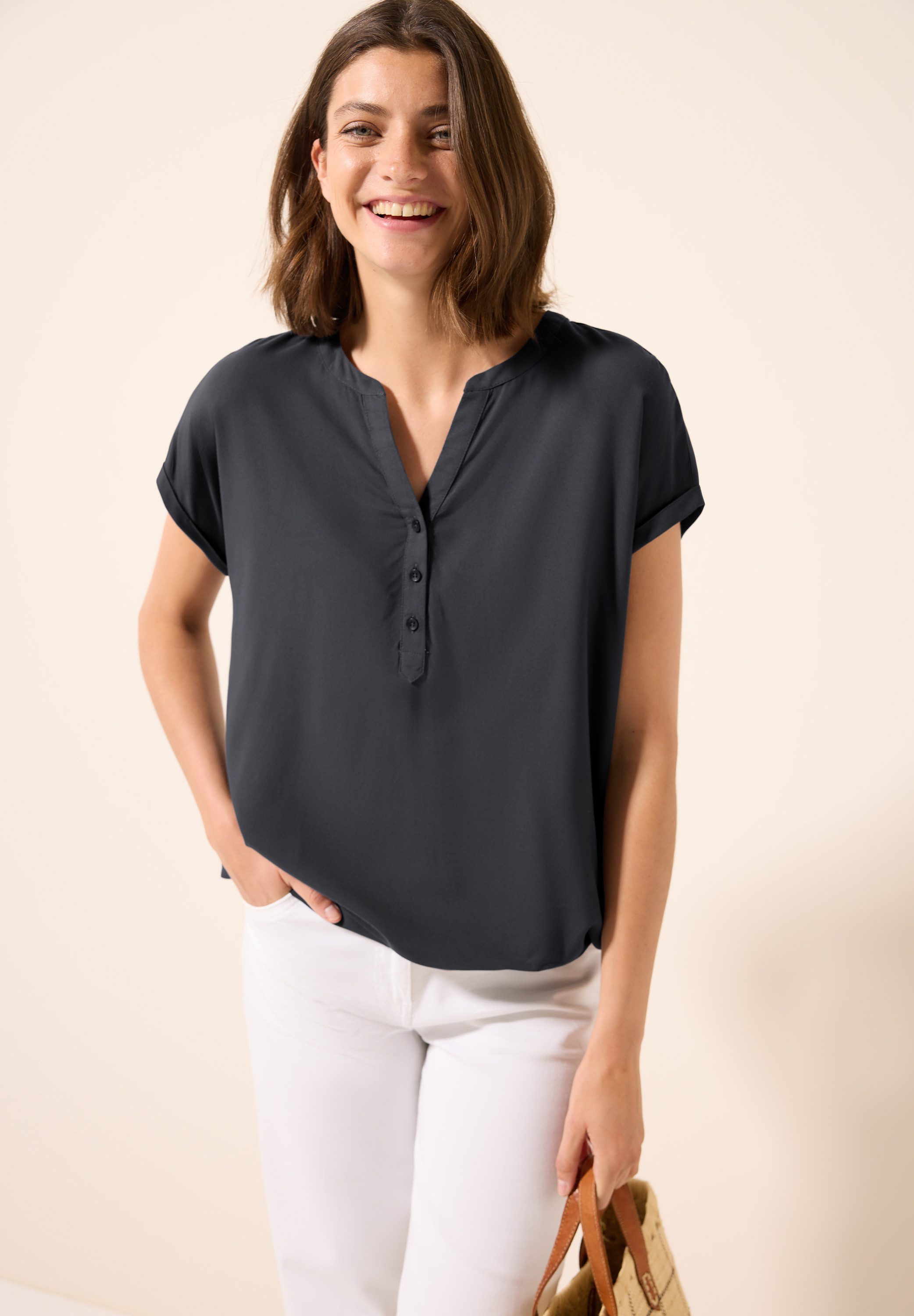 CECIL Kurzarmbluse mit geschlitztem Ausschnitt und Knopfleiste günstig online kaufen