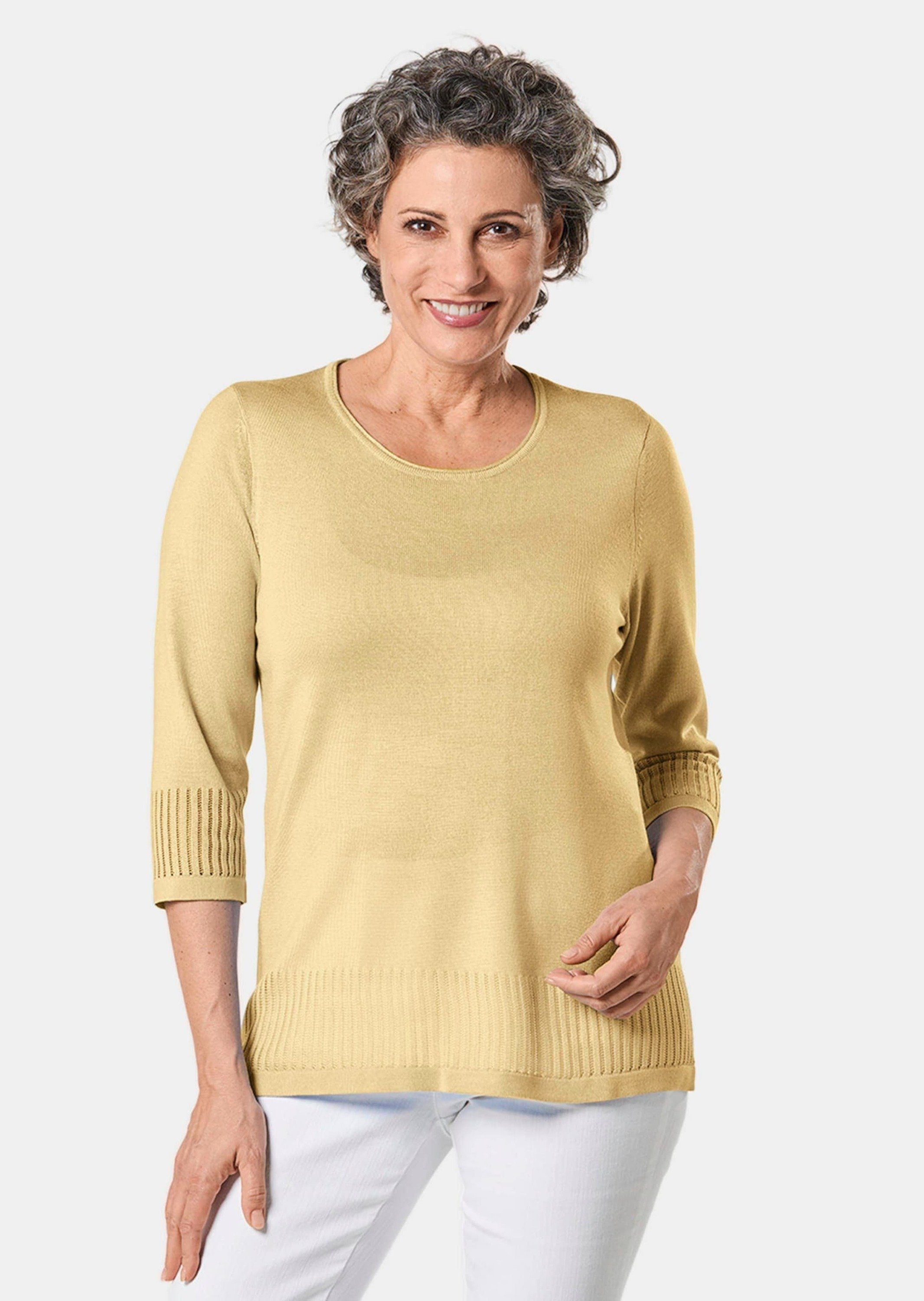 GOLDNER 3/4 Arm-Pullover Gepflegter Ajour-Pullover mit femininen Durchbrüchen pastellgelb