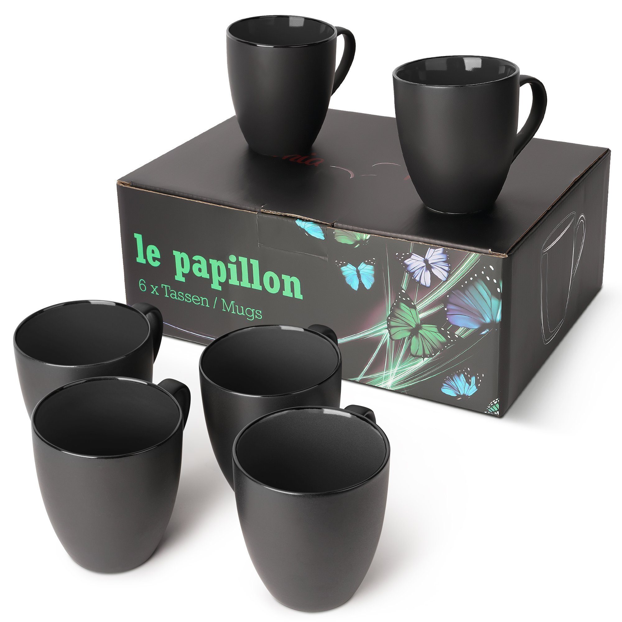 MiaMio Tasse MIAMIO - 6 x 350 ml Kaffeetassen Set Außen Schwarz Innen Farbig