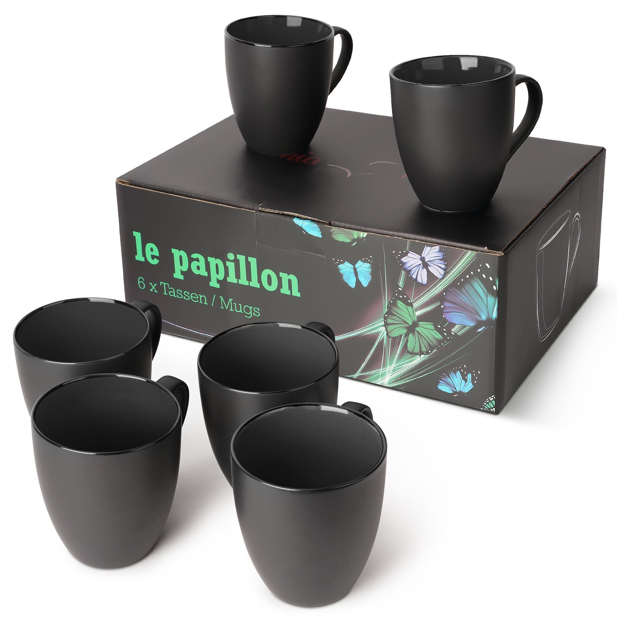 MiaMio Tasse 6 x 350 ml Kaffeetassen Set Außen Schwarz Innen Farbig (Schwarz)