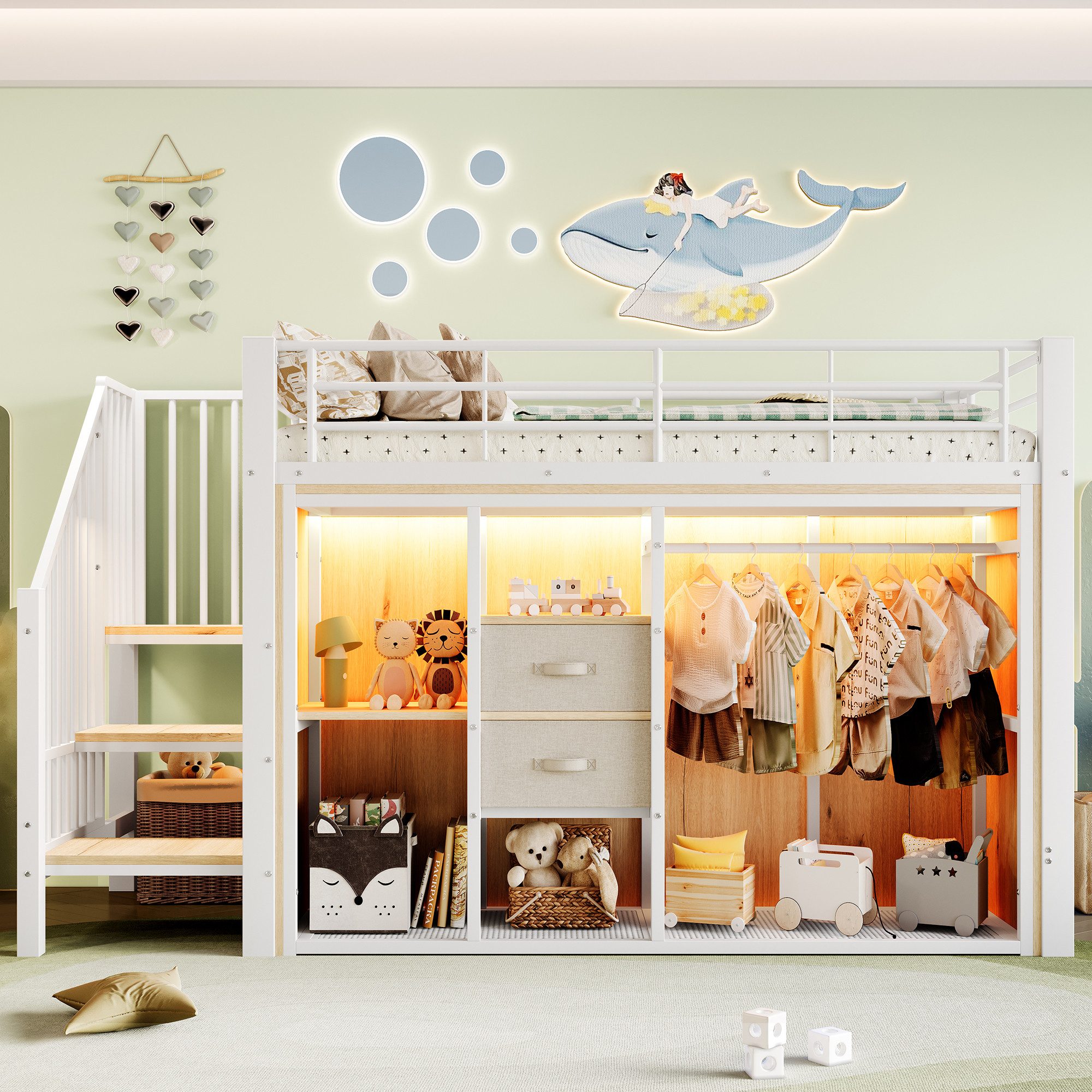 Merax Hochbett 90x200cm mit LED-Beleuchtung (1-St., Mehrzweckbett Jugendbett Einzelbett) Metall Kinderbett mit 2 Schubladen,offenem Kleiderschrank & Staufächer