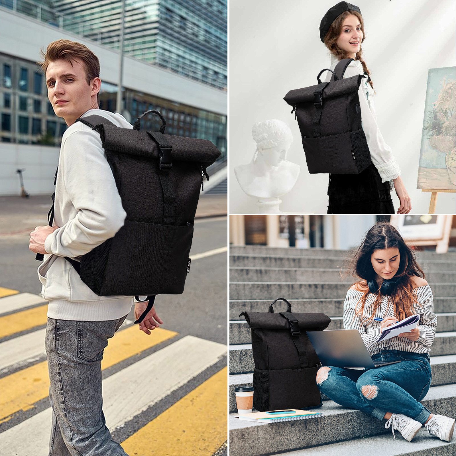 TAN.TOMI Cityrucksack Rucksack Damen Groß Rucksack Herren Groß Schulrucksack (Arbeitsrucksack viele Fächer mit 15,6" Laptopfach/USB-Anschluss), Unisex Rolltop Rucksack Wasserdicht, Lässiger Backpack