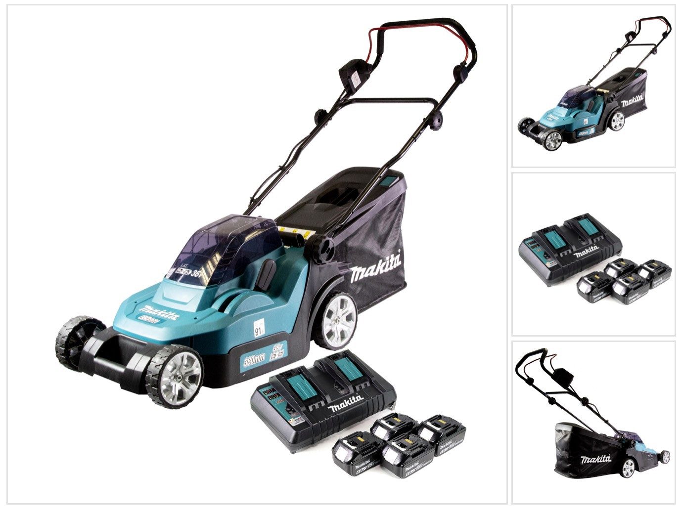 Makita Akkurasenmäher DLM 432 PG4 36 V (2x 18 V) 43 cm + 4x Akku 6,0 Ah + Doppel Ladegerät