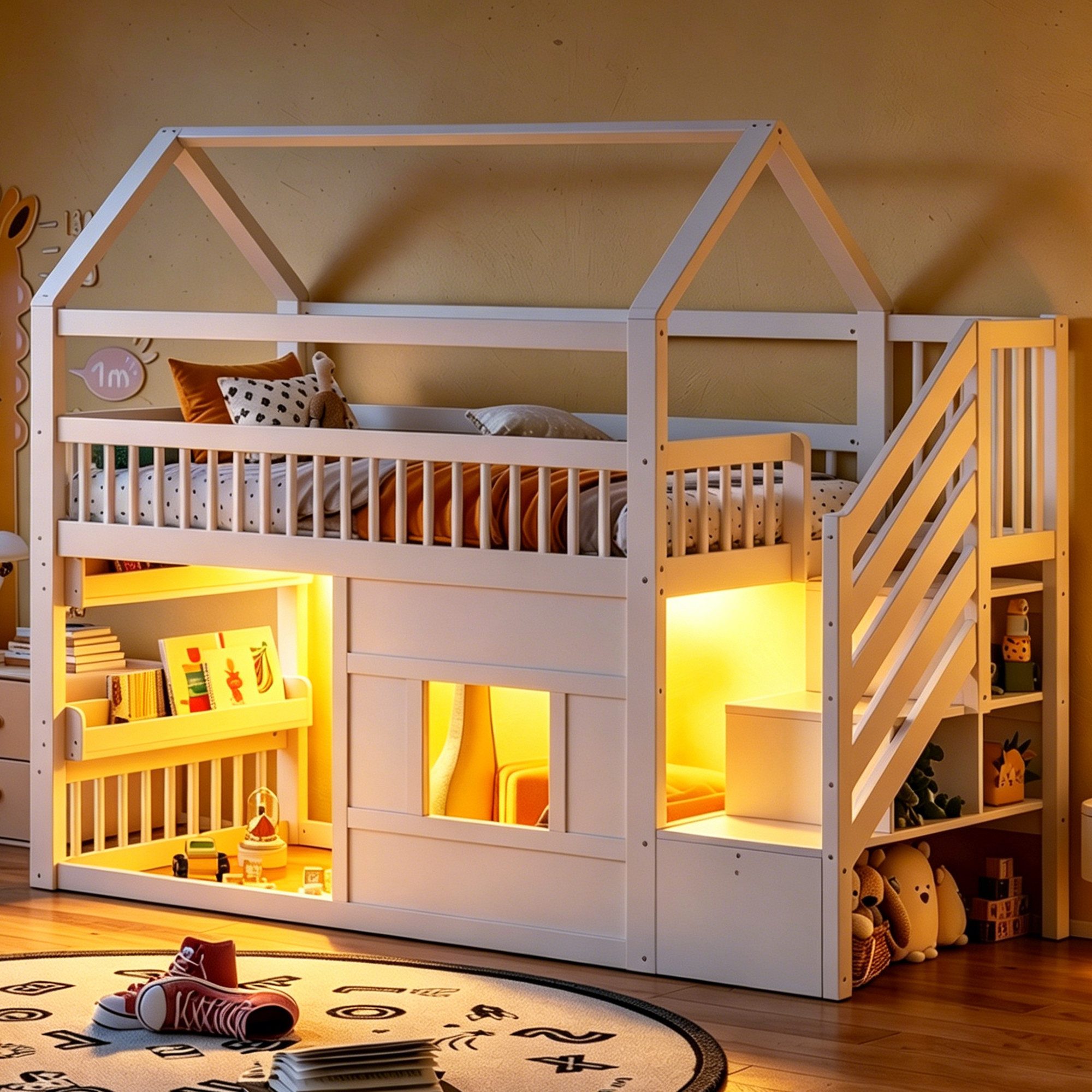 Merax Hochbett 90x200cm mit LED, Kinderbett mit Hausdesign (Jugendbett Holzbett, 1-St) Hausbett mit Ablagen, Treppe, Sicherheitsgeländer & Stauraum