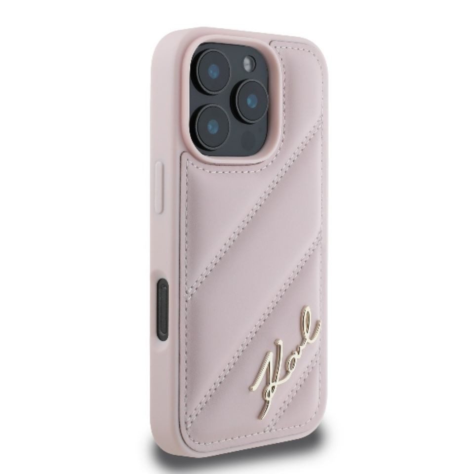 KARL LAGERFELD Handyhülle iPhone 16 Pro Kunstleder rosa Logo goldfarbig 6,3 Zoll, Kantenschutz