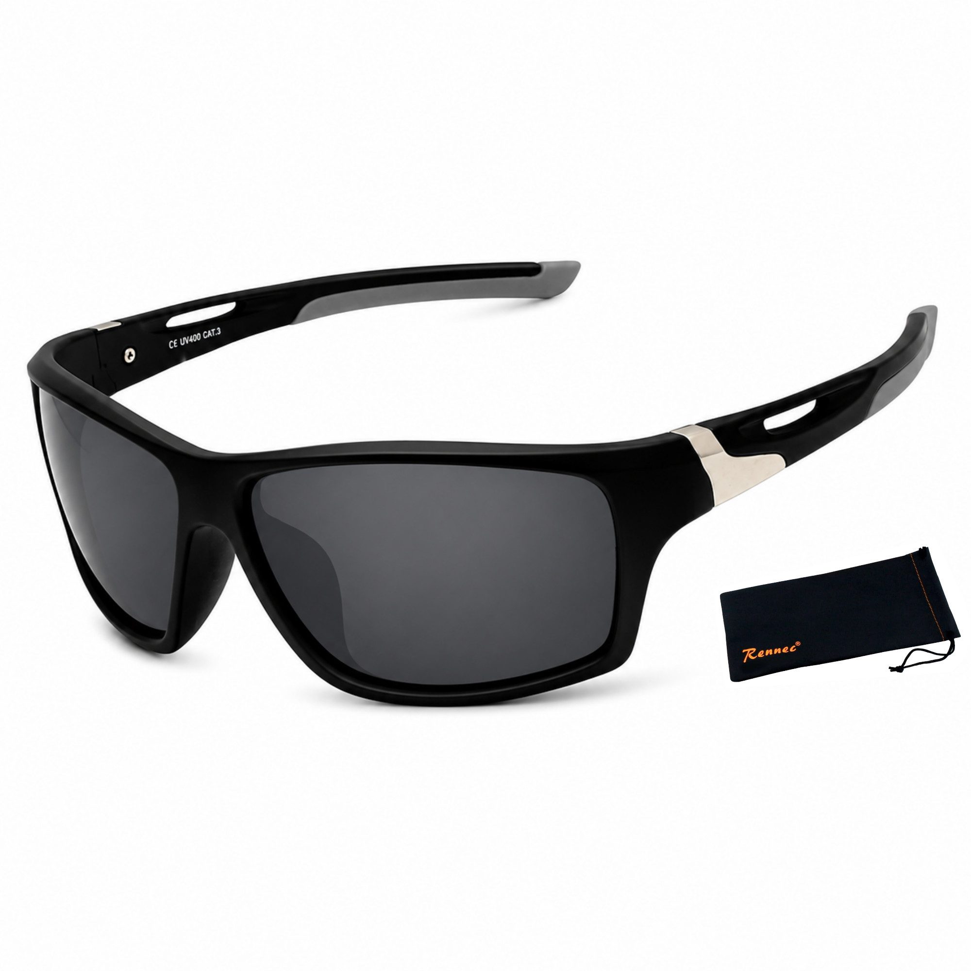 Rennec Sonnenbrille Herren Sportbrille Polarisiert Schwarz Getönt UV400 Brillenbeutel Outdoor Brille Radbrille Schwarz Matt im Wrap Around Stil