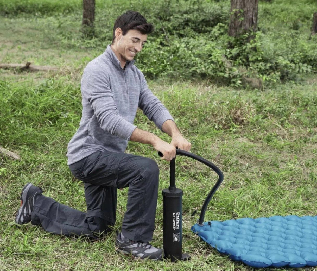 BESTWAY Handpumpe Luftpumpe Doppelhubpumpe Campingpumpe (Spar-Set, 1-tlg., 20 x 48 cm bidirektional), bidirektional, 3 Düsen, 85 cm Schlauch, ohne Strom