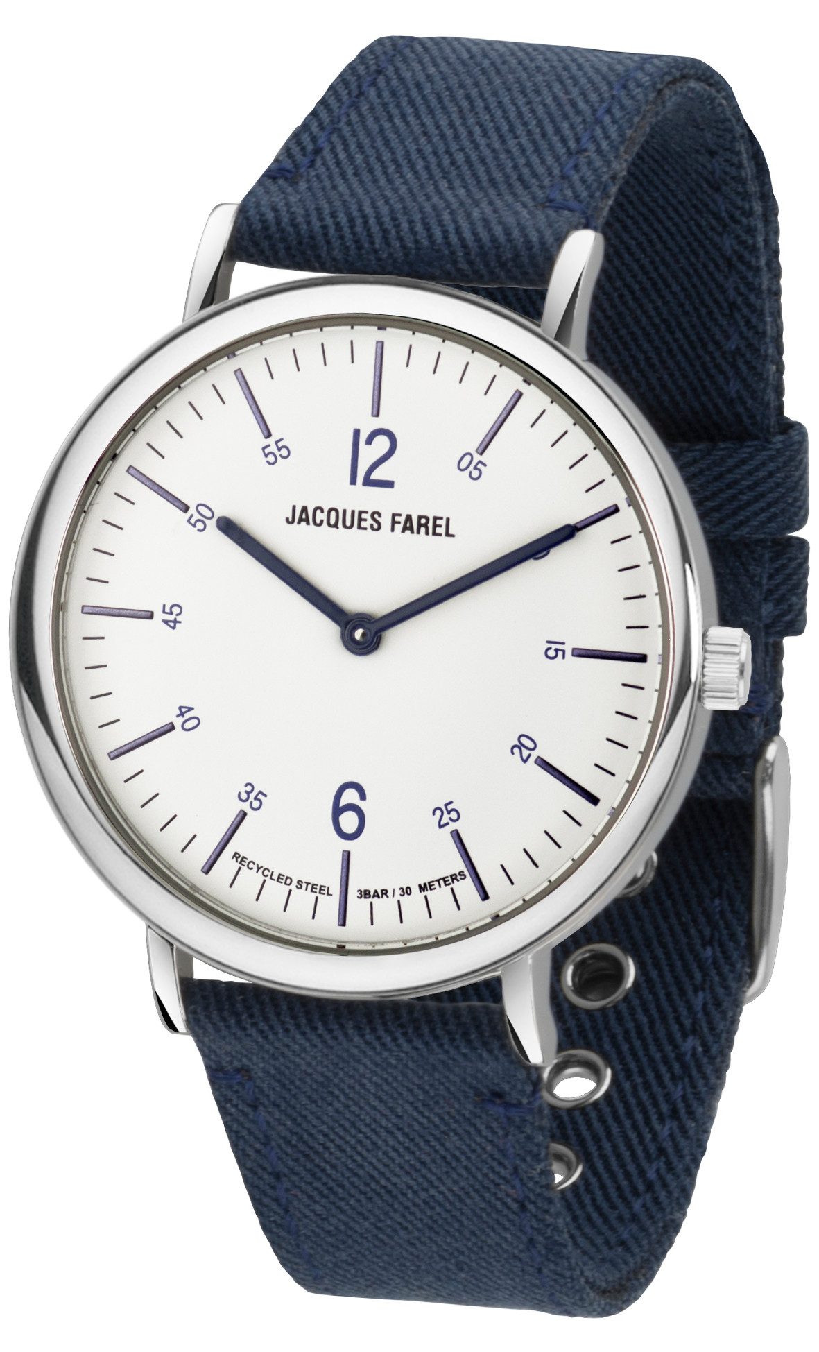 Jacques Farel Quarzuhr ORS5555 nachhaltige Damen Armbanduhr Recycling-Stahlgehäuse Lyocellband 3 bar, Analog Dunkelblau Ökouhr ökologisch Geschenk Frauen Ø38 mm