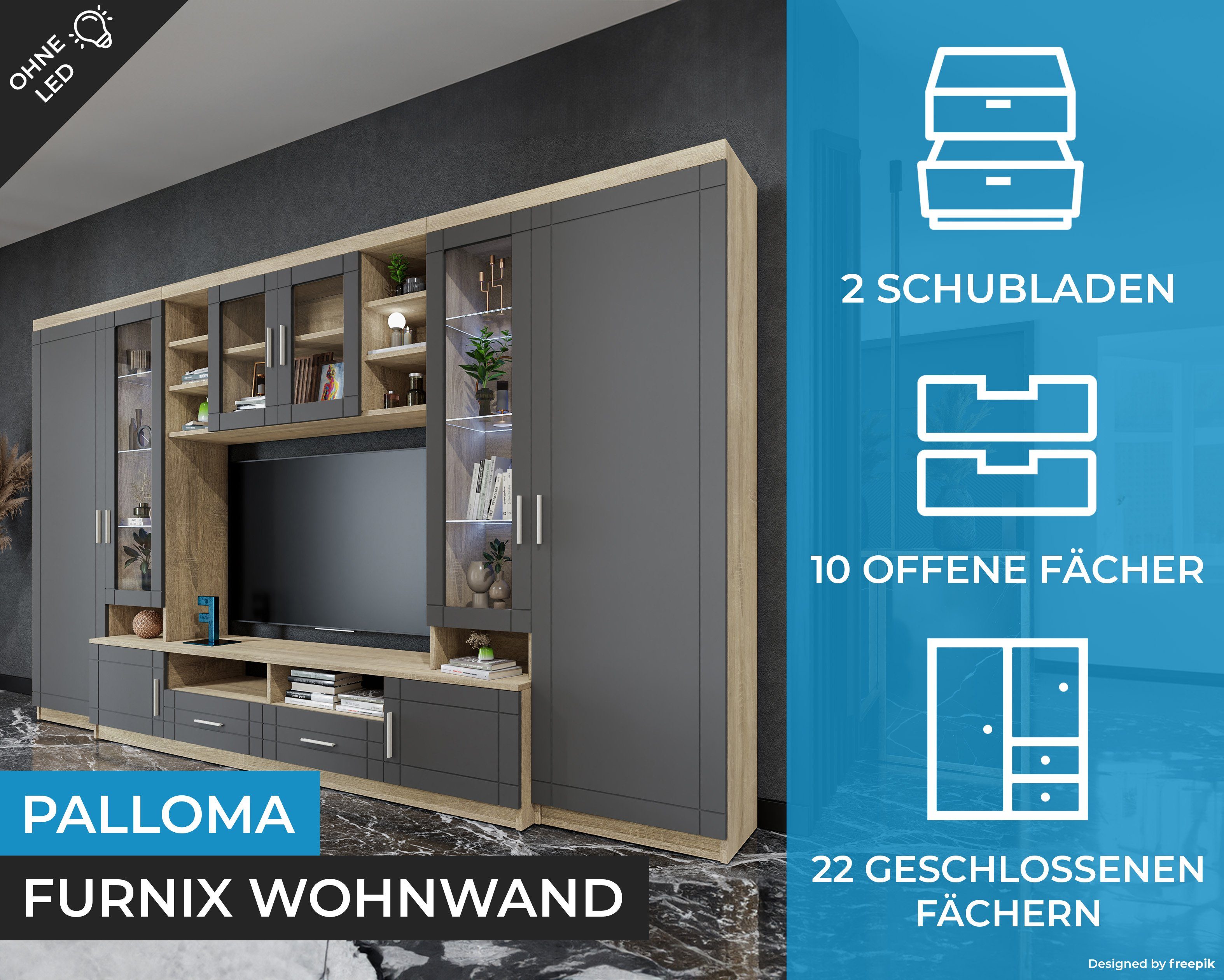 x T44 Wohnwand PALLOMA Hochschränke, 2 Grau Hängeschrank, Sonoma / TV-Schrank, Schrankwand multifunktionell, Furnix x H198 cm B340