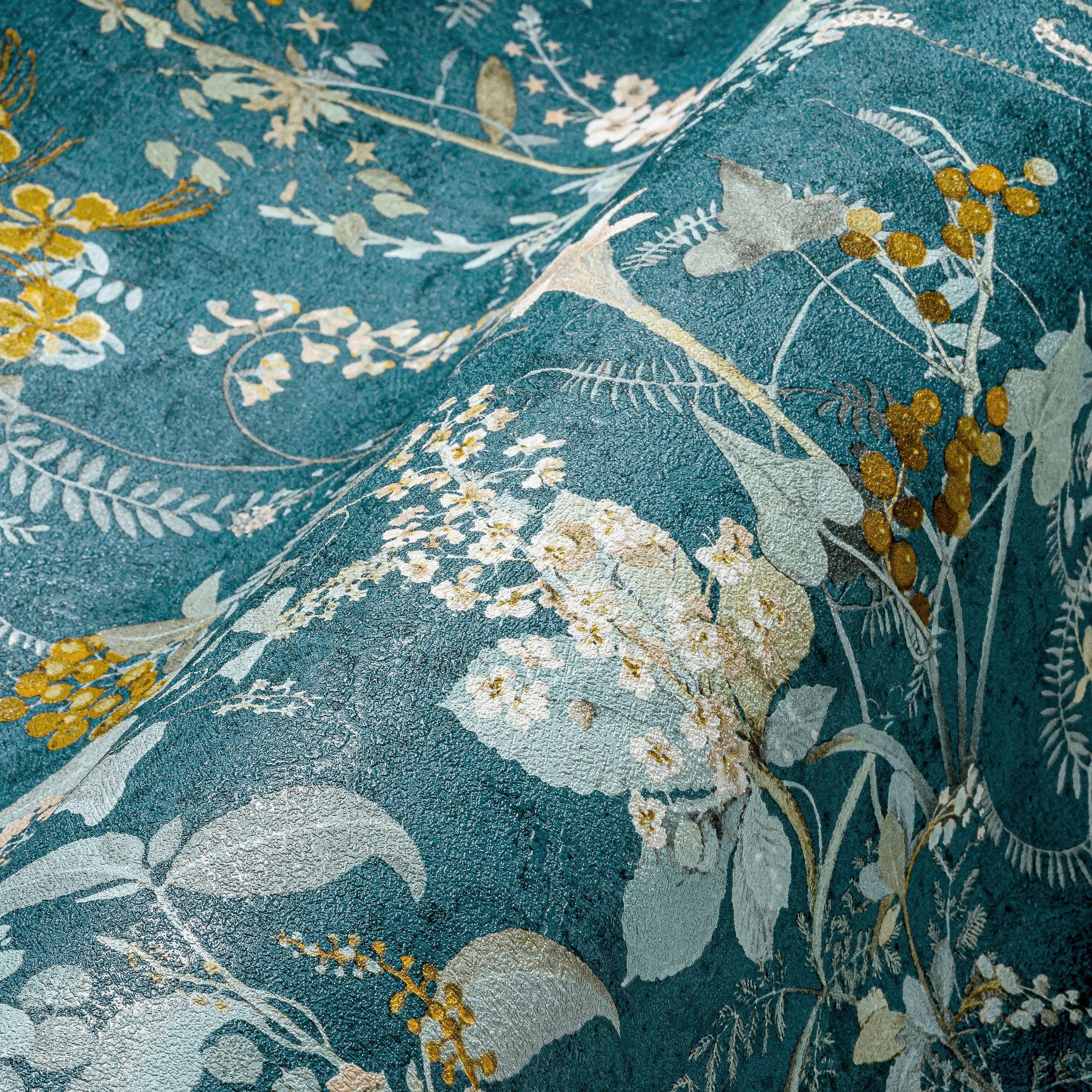 A.S. Création Vliestapete THE BOS Landhaus Blumentapete, strukturiert, gemustert, matt, neutral, (1 St), Pflanzen Floral Tapeten Wohnzimmer Schlafzimmer Küche Design Optik