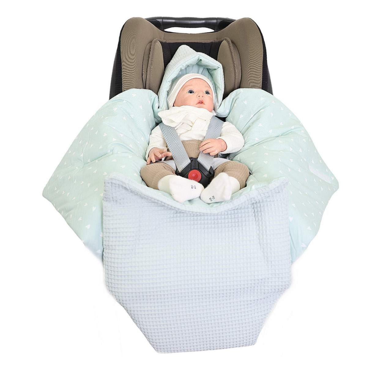 Babydecke Einschlagdecke Waffelmuster graublau/Herzen pastellgrün, HOBEA-Ge günstig online kaufen