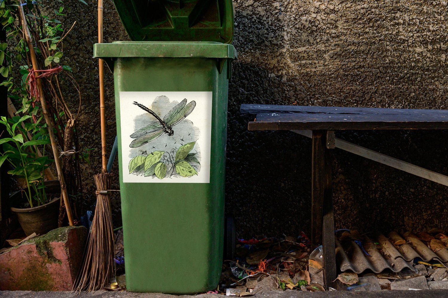 MuchoWow Wandsticker Mülleimer-aufkleber, Container, grünen Abfalbehälter St), einer Sticker, Mülltonne, Libelle Illustration (1 Eine