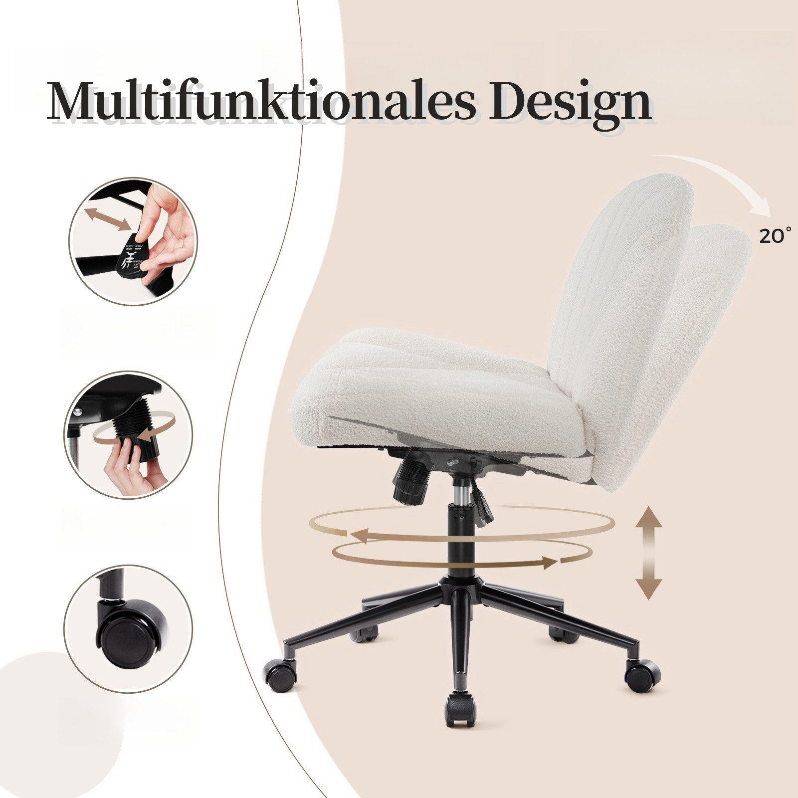 Intimate WM Heart Bürostuhl ohne Armlehne, Ergonomisch Schreibtischstuhl mit Rollen, Höhenverstellbar Schminktisch Stuhl mit Mittlerer Rückenlehne – Bild 4 von 5