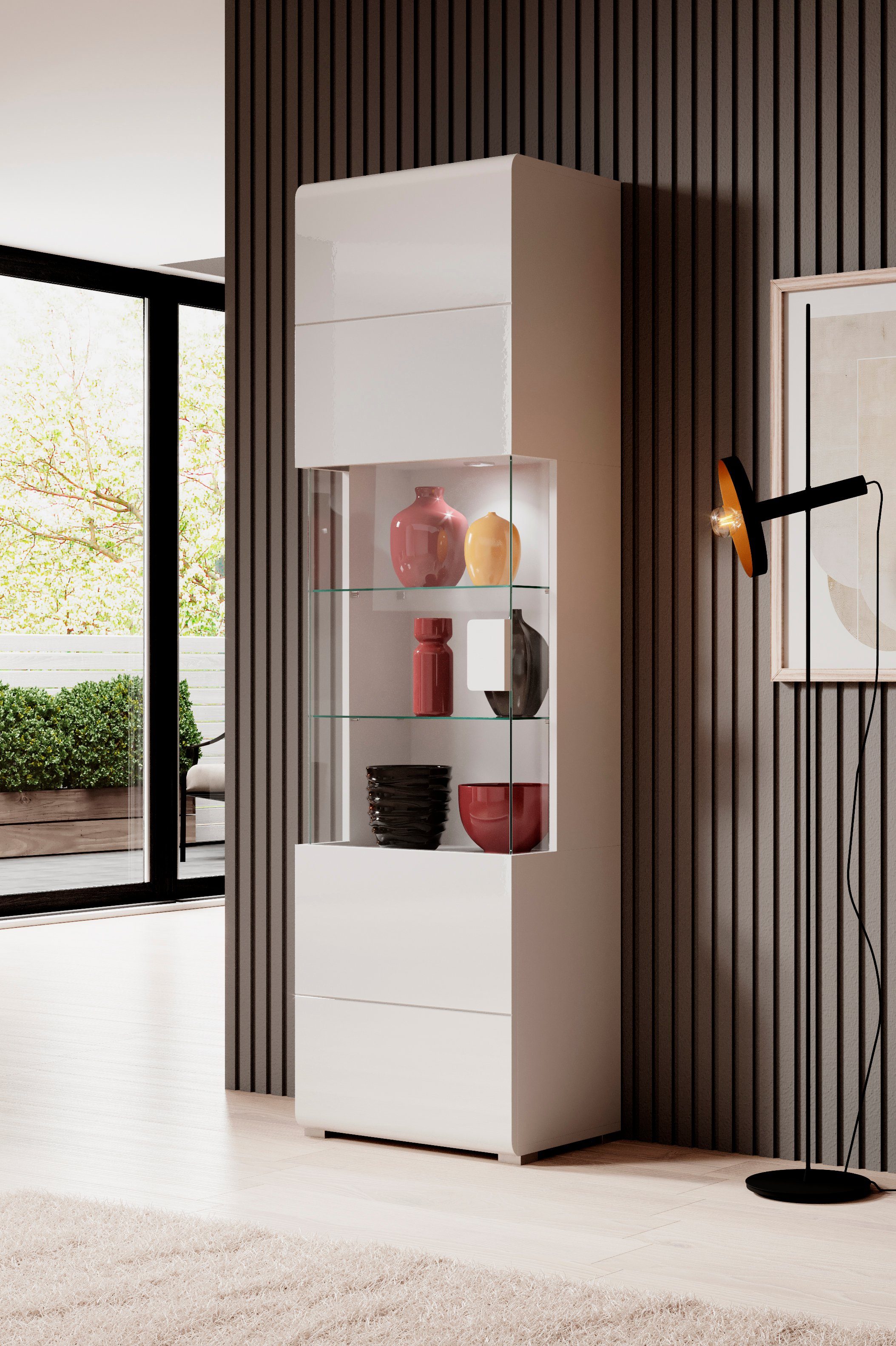 OTTO home Vitrine Toledo,Höhe 204 cm trendige Glasvitrine mit dekorative Fräsungen Standvitrine ohne Beleuchtung, viel Stauraum, hochglanz Front MDF