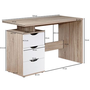 Wohnling Schreibtisch WL1.795 (120x76x53 cm mit 3 Schubladen Sonoma Eiche / Weiß), Bürotisch Home Office, PC-Tisch mit Stauraum
