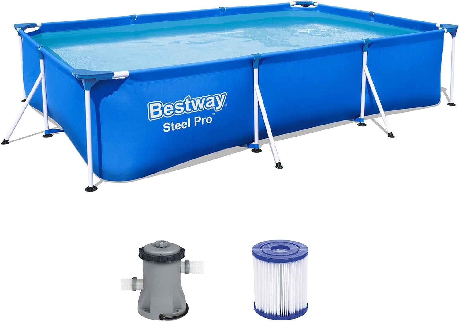 Bestway Pool Steel Pro Frame Pool-Set mit Filterpumpe, 300 x 201 x 66 cm, blau, eckig