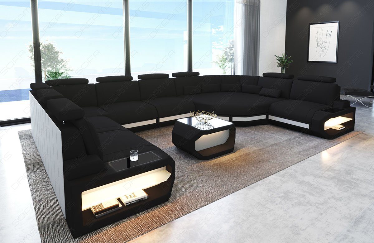 Sofa Dreams Wohnlandschaft Stoff Couch Polster Sofa Asti, U Form Stoffsofa mit LED, Ecke große Sitzefläche, USB, Designersofa | Wohnlandschaften