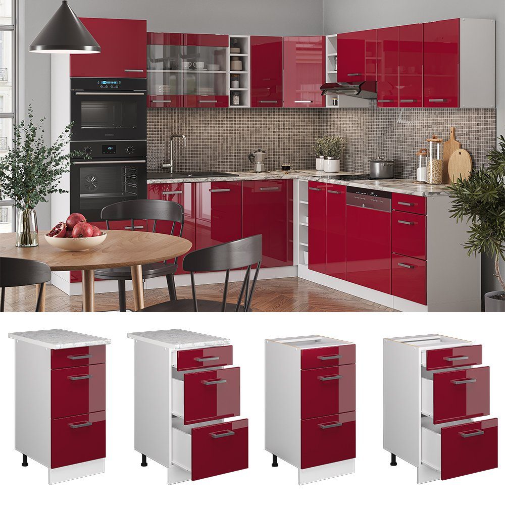 Vicco Unterschrank R-Line, Rot Hochglanz/Weiß, 40 cm mit Schubladen, ohne Arbeitsplatte (1-St)