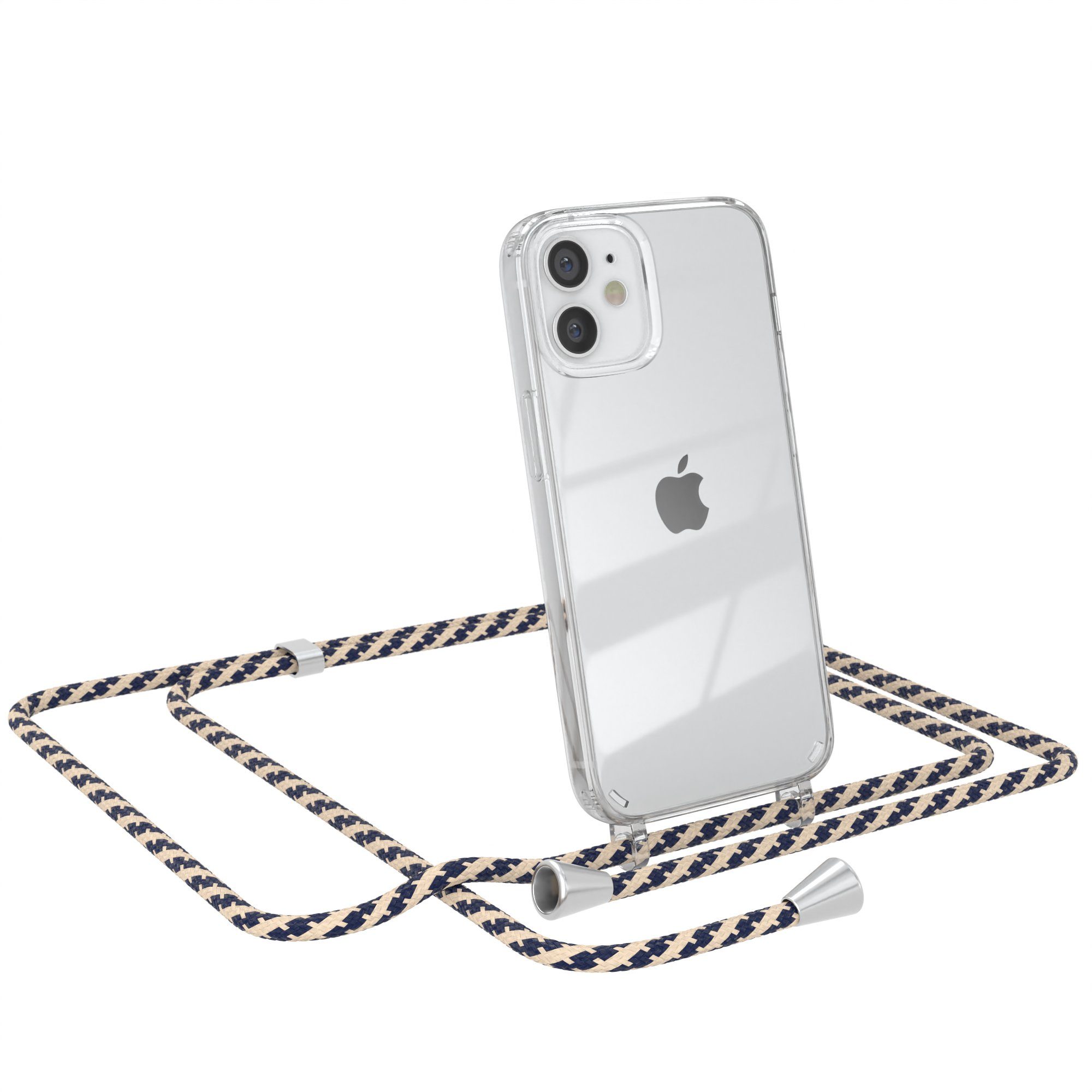 EAZY CASE Handykette Hülle mit Kette für Apple iPhone 12 Mini 5,4 Zoll, Slimcover Handykette Hülle mit Schnur Handykordel Taupe Camouflage