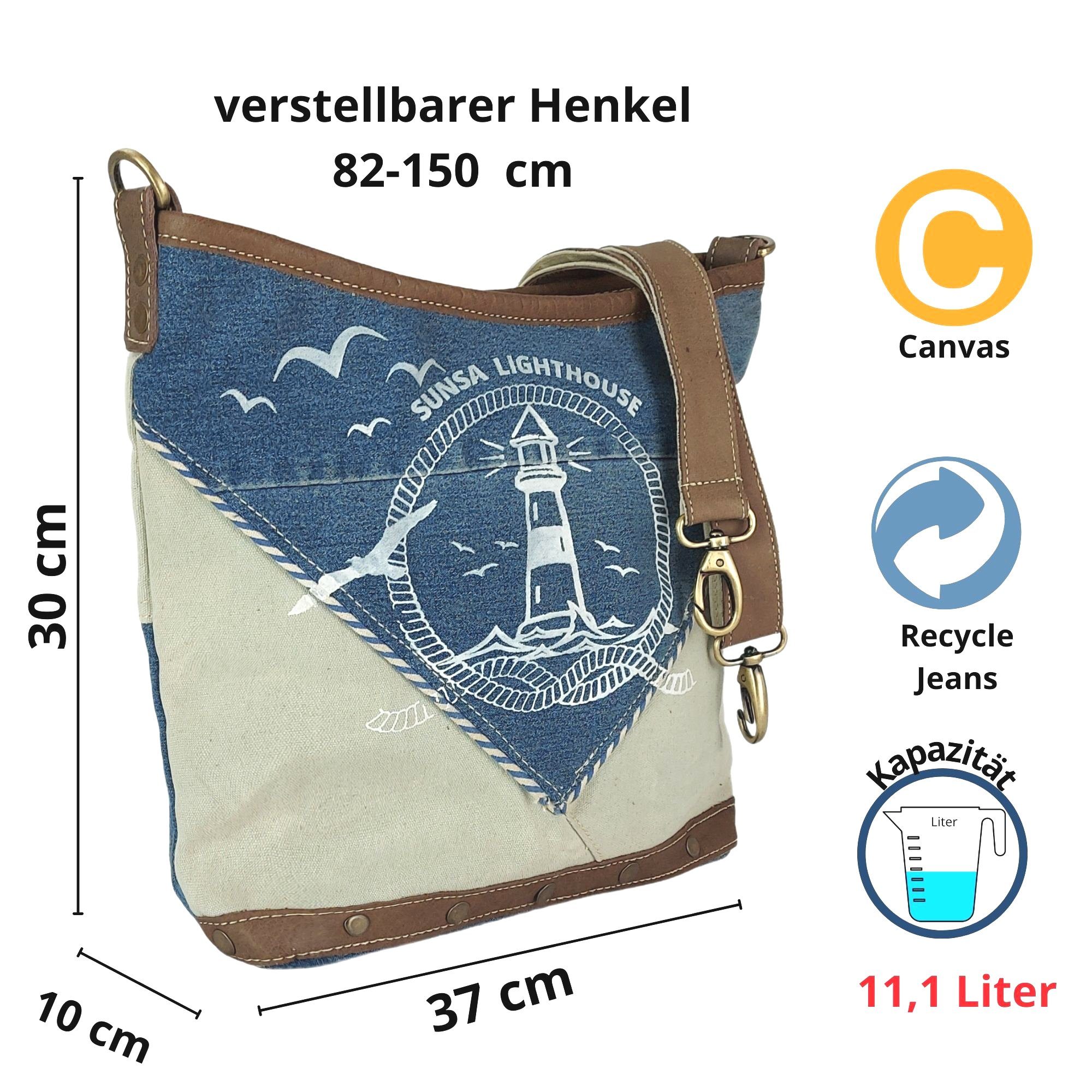 & Maritim Handtasche Leder. recycelte aus Jeans Design Damen enthält Schultertasche Vintage Crossbody Nachhaltig beige Seeliebhaber Geschenkideen, recyceltes Umhängetasche als Bag. Material Canvas, Umhängetasche. Sunsa