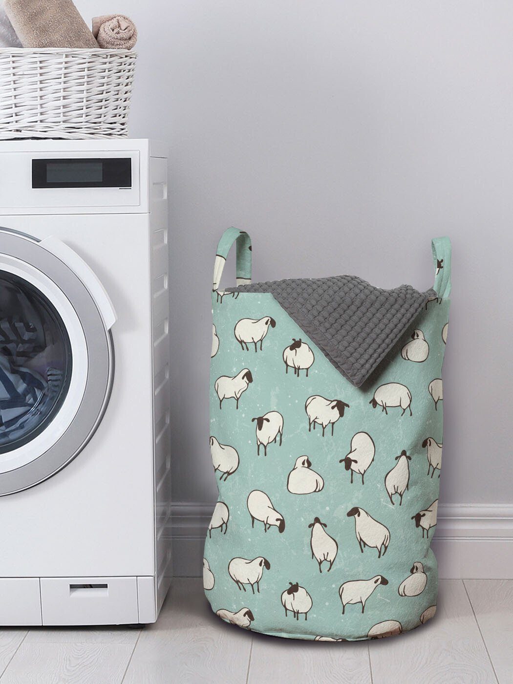 Waschsalons, mit Repetitive Wäschesäckchen Abakuhaus Kordelzugverschluss für Wäschekorb Tier Simplistic Griffen Schaf