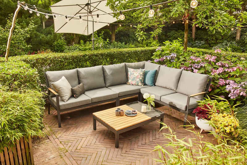 Siena Garden Gartenlounge-Set Londra, (5-tlg., 2x 2er Bank(l+r), 1xModul Ecke,1xModul Mitte,1xTisch: 102x73,5x31,5cm), Aluminium, Tischplatte Teak FSC 100%, Inkl. Sitz- und Rückenkissen