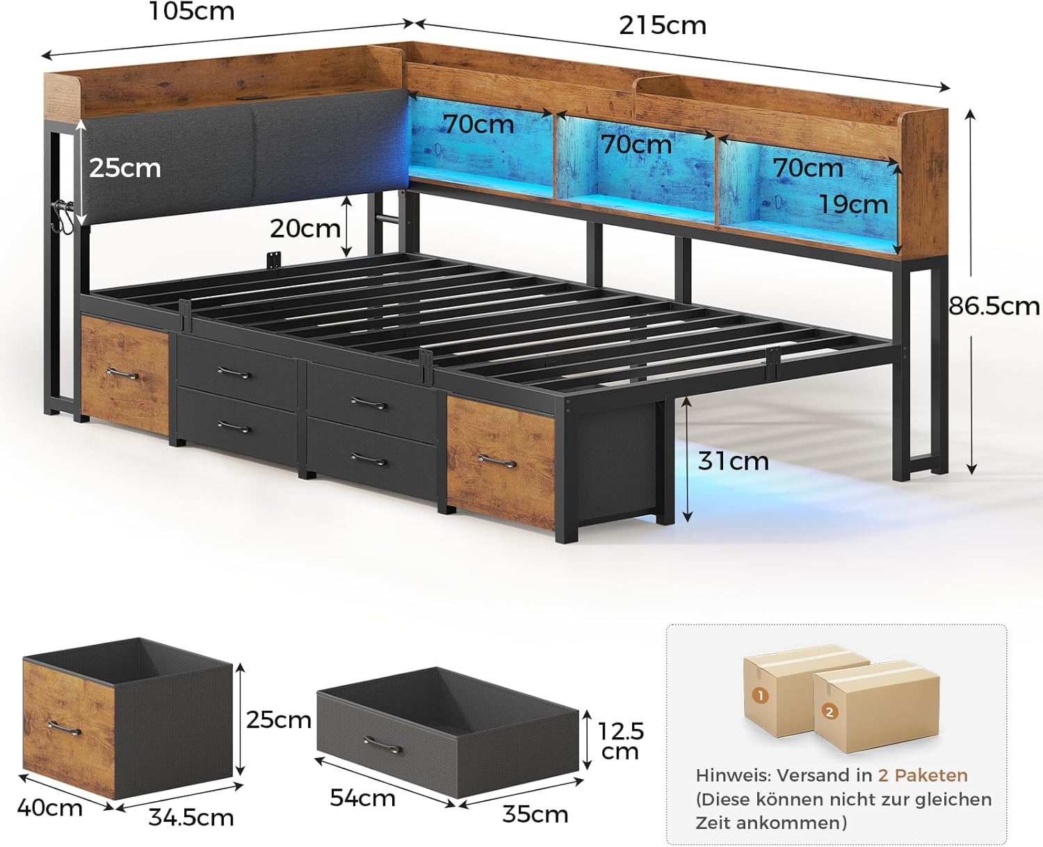 MSMASK Daybett Tagesbett Schlafsofa mit LED-Beleuchtung & Ladestation, Jugendbett mit 6 Staufächern und 6 Schubladen – Liegefläche 90x200 cm