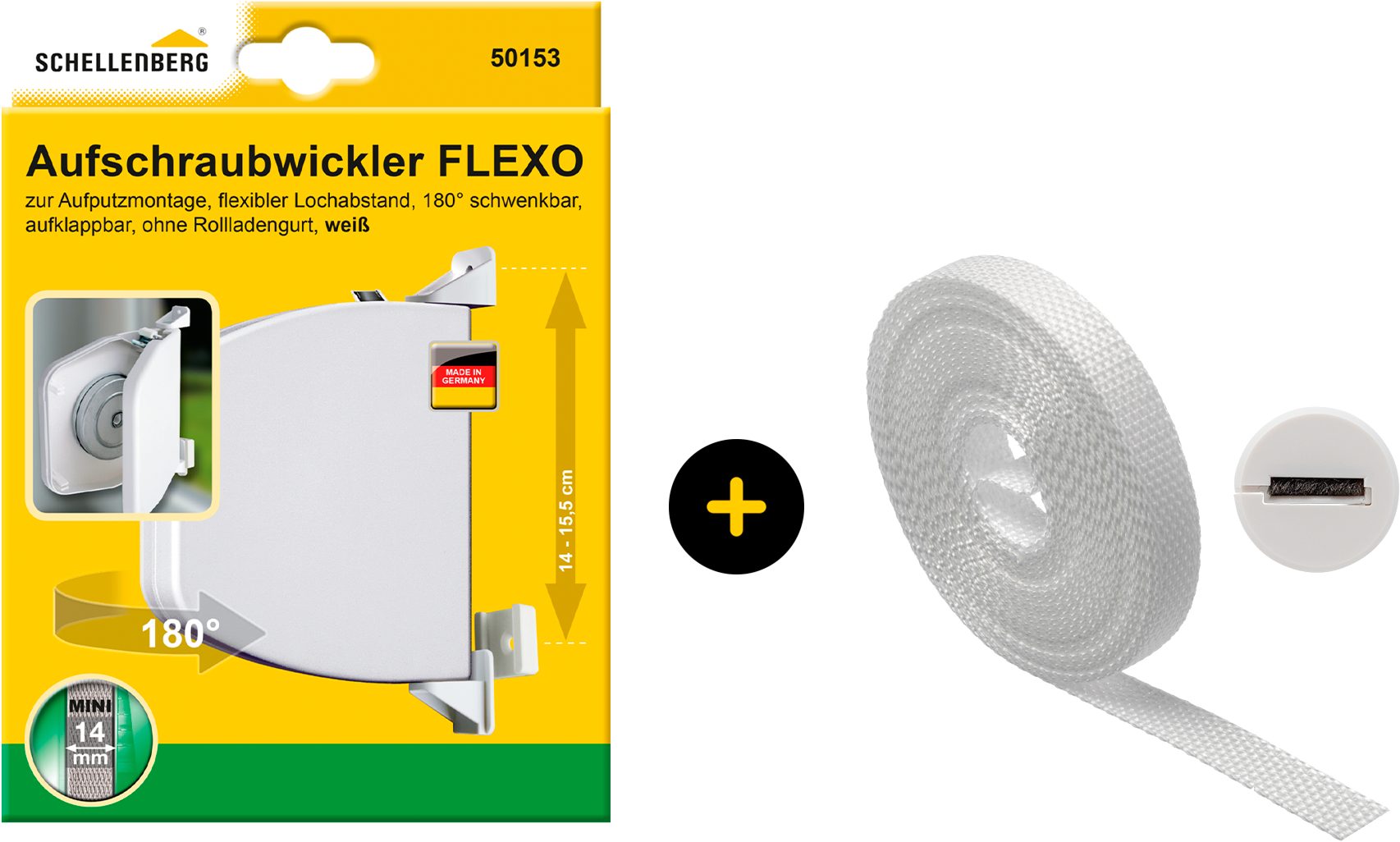 SCHELLENBERG Aufputz-Gurtwickler Flexo Rollladensystem Mini, inkl. Gurt weiß und Gurtführung, Set, 1-tlg., Aufschraubwickler aufklappbar, höhenverstellbar, 180° schwenkbar weiß