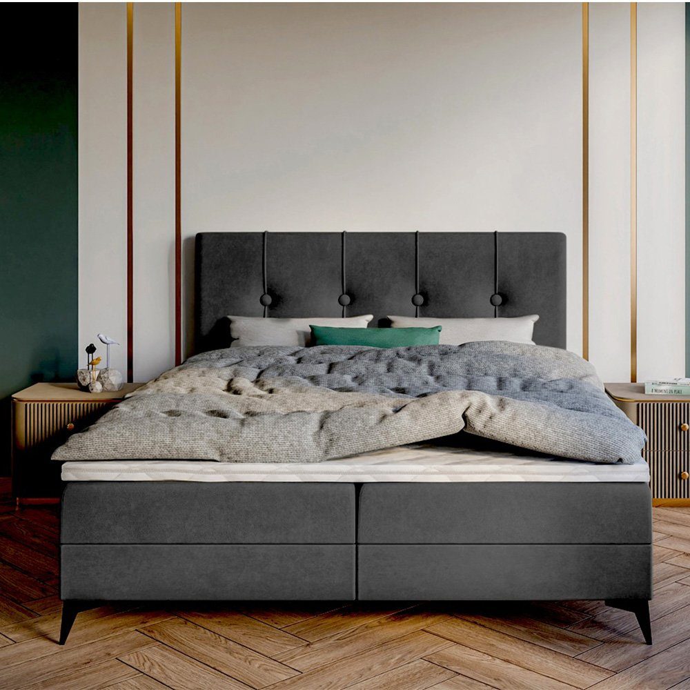 WOHNKLUSIV Boxspringbett Boxspingbett PLAZA 120 / 140 / 160 / 180 / 200 x 200 cm, inkl. 7 Zonen Taschenfederkernmatratze, Bettkasten und Topper Salvador 15 - Anthrazit