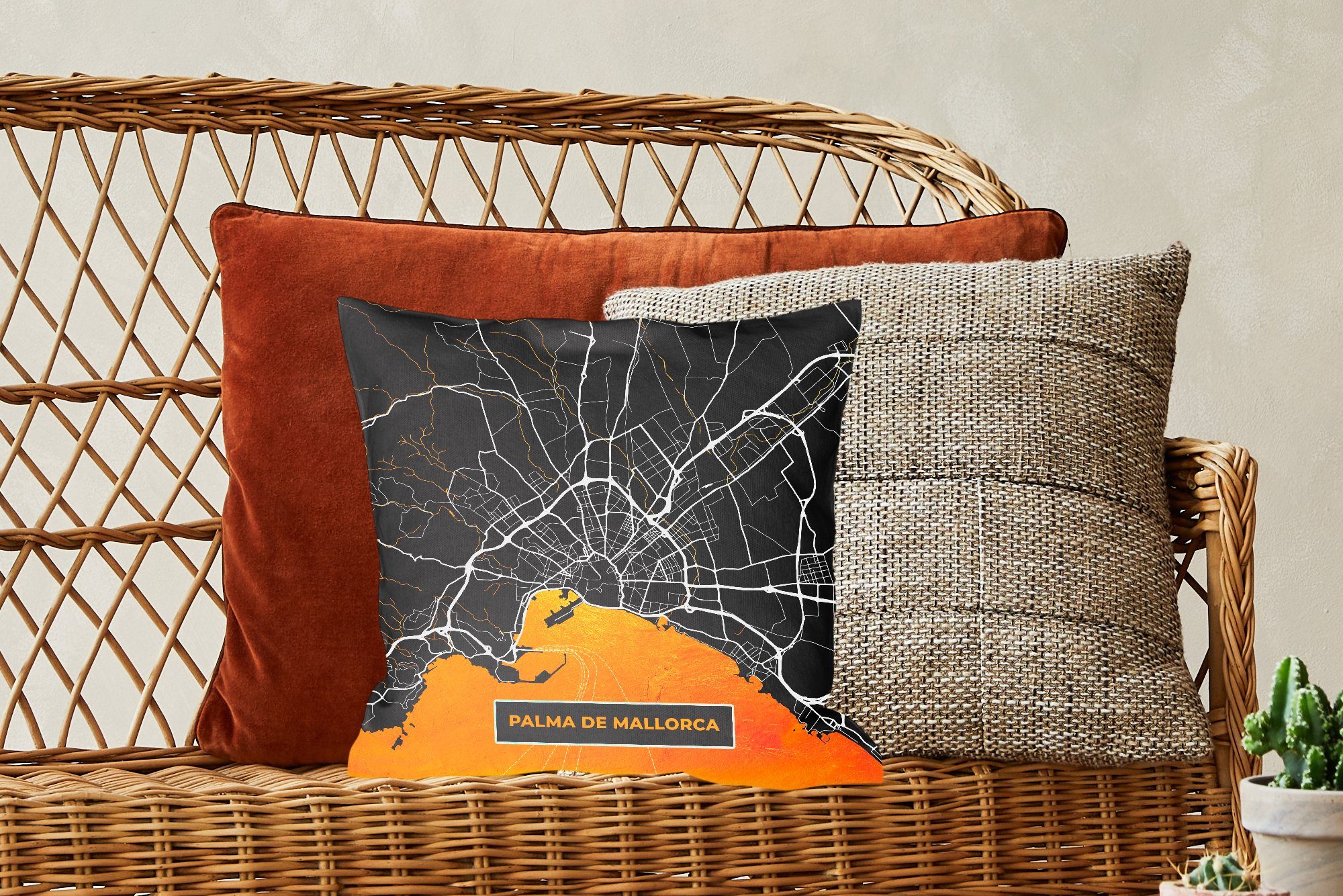 Karte, Sofakissen - MuchoWow Dekokissen Schlafzimmer, - Zierkissen - Mallorca Gold Wohzimmer, für Füllung Deko, Stadtplan mit