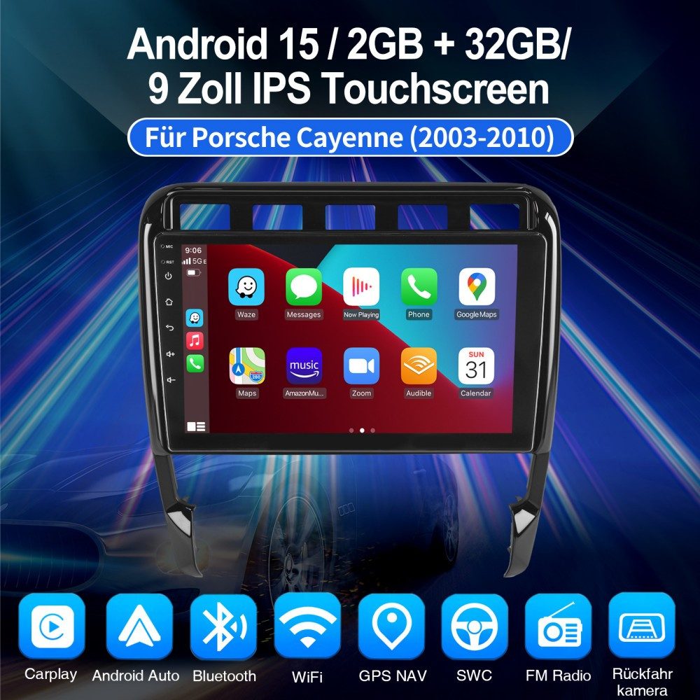 ESSGOO 9" Für Porsche Cayenne 1 9PA 2002-2010 Android 15 NAVI Autoradio (RDS, Digitalradio (DAB), FM, AM, 2 DIN Carplay Bluetooth Navigationsgeräte Rückfahrkamera (optional)