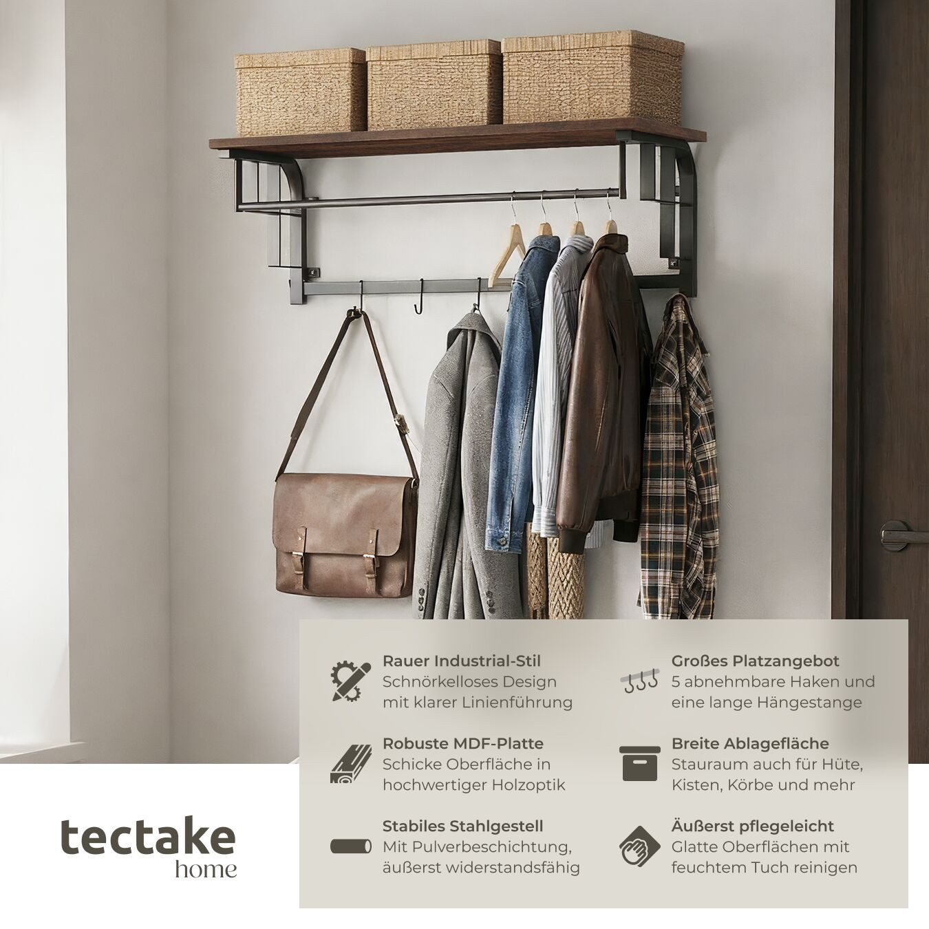 tectake Garderobe Wandgarderobe, 66 x 30 x 27 cm günstig online kaufen