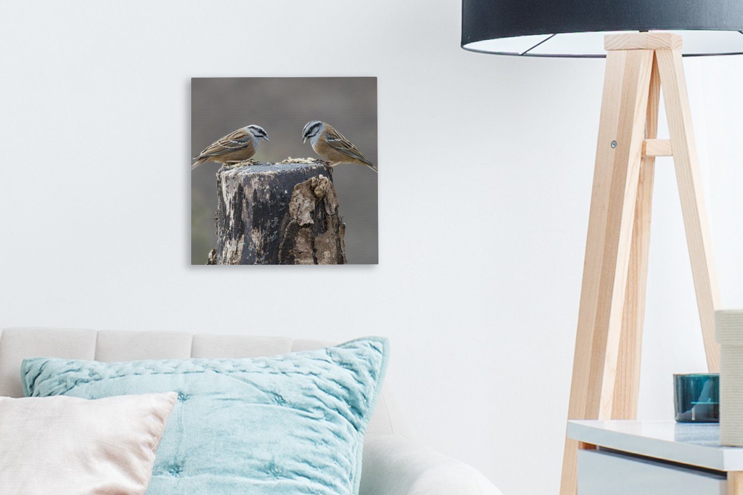 OneMillionCanvasses® Leinwandbild Ein Paar des auf Bilder Holzstamm, (1 Schlafzimmer Wohnzimmer Grauammer St), einem für Vogels Leinwand