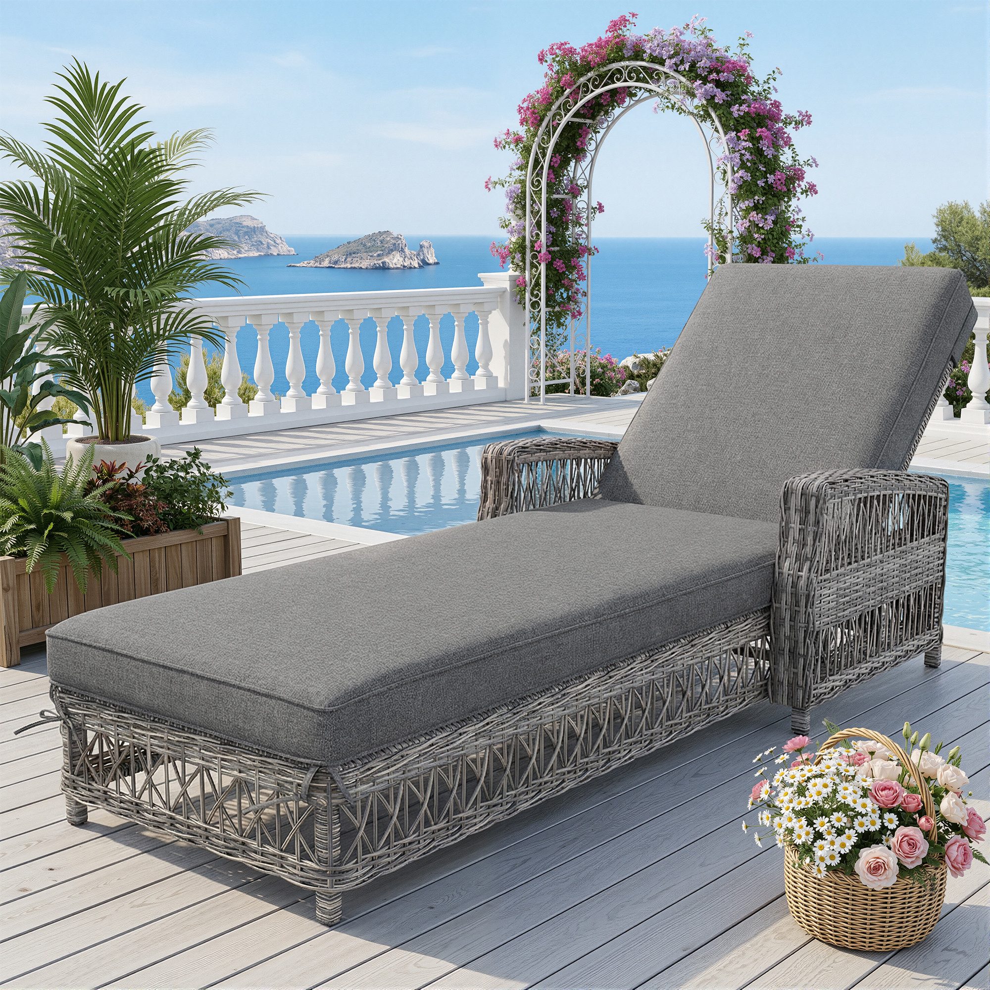Celya Gartenliege Outdoor-Liege aus Rattan, wetterfeste Sonnenliege, für Terrasse, Balkon, Poolbereich, grau, 1 sets, mit verstellbarer Rückenlehne, Gartenliege mit abnehmbarem Kissen