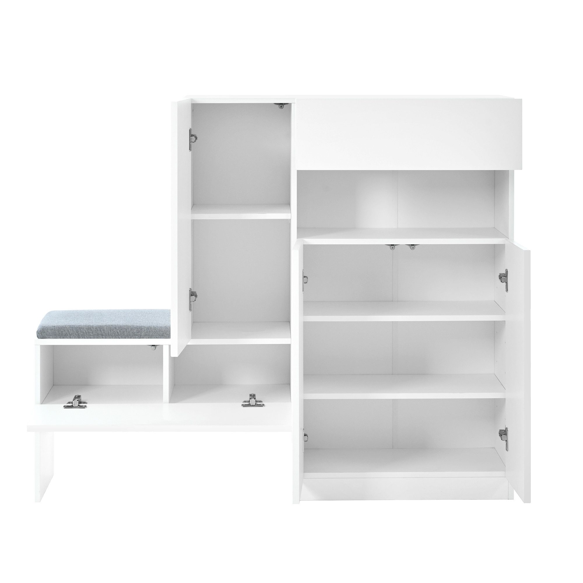 Flieks Schuhschrank Schuhkommode mit gepolsterter Sitzbank (B130/T35/H110 cm, 1-St., mit gepolsterter Sitzfläche) Schuhwechselhocker mit Seitenschrank Schuhbank Schuhregal Weiß