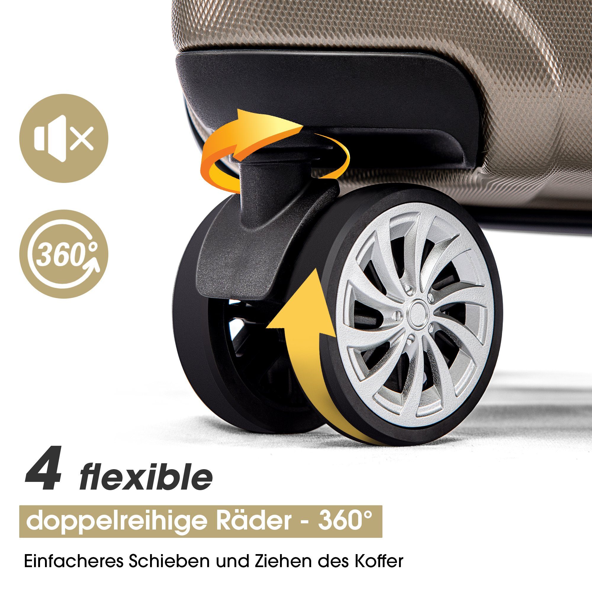 Flieks Trolley, 4 M+L+XL Hartschalen TSA-Schloss Rollen, Set 3er Schwenkrolle Gold