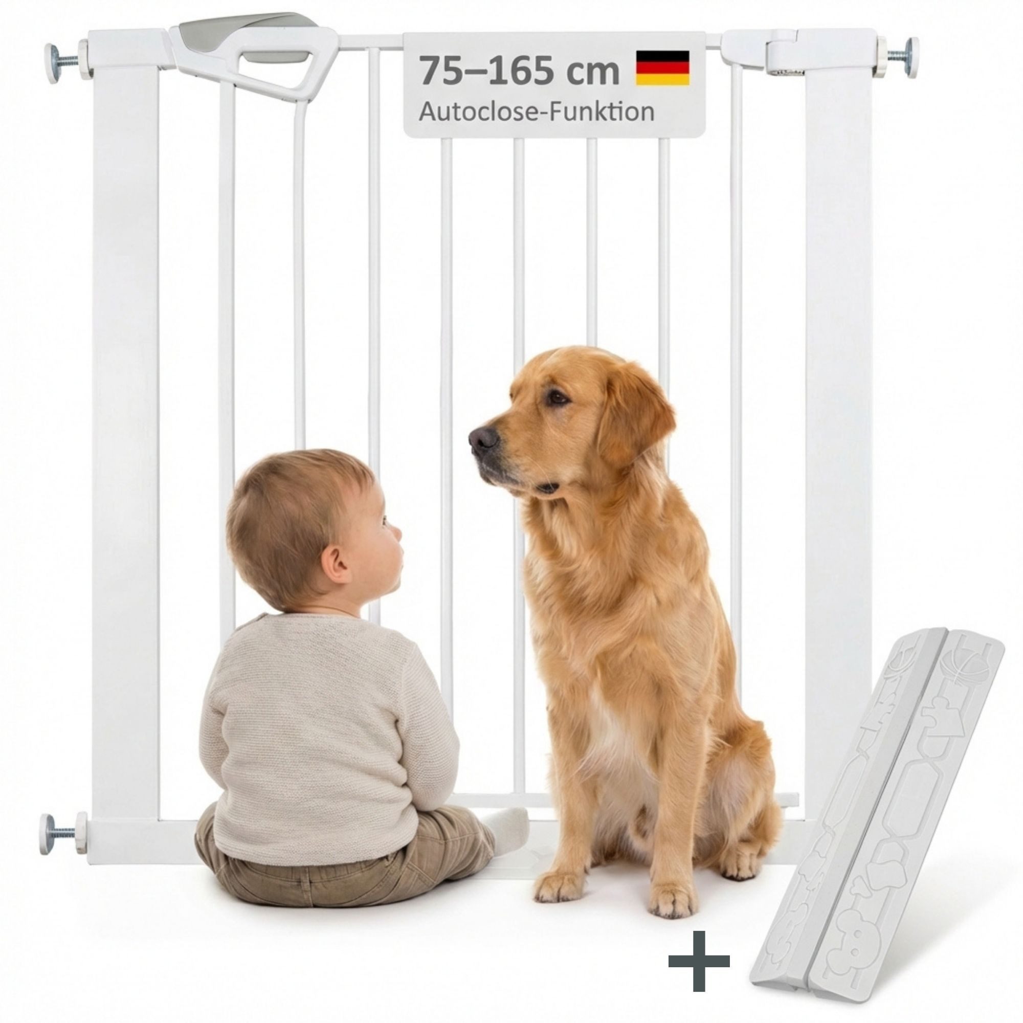 Bronea Treppenschutzgitter Babygitter Tür ohne bohren BALU Tür- & Treppenschutzgitter weiß (75–82 cm verlängerbar bis 165 cm, SAFETY-LOCK Rot/Grün, ANTI-STOLPER-RAMPE, AUTO-CLOSE Türschutzgitter), Entwickelt, Geprüft & Zertifiziert in Deutschland EN1930:2012-02