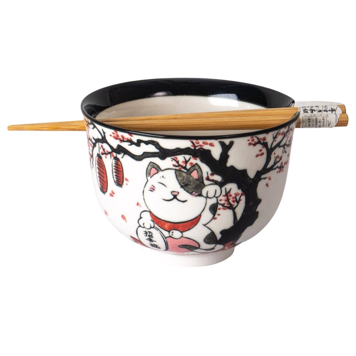Dark-Desires Suppenschüssel Glückskatzen-Ramen-Bowl Schale „Maneki-Neko“ mit Essstäbchen