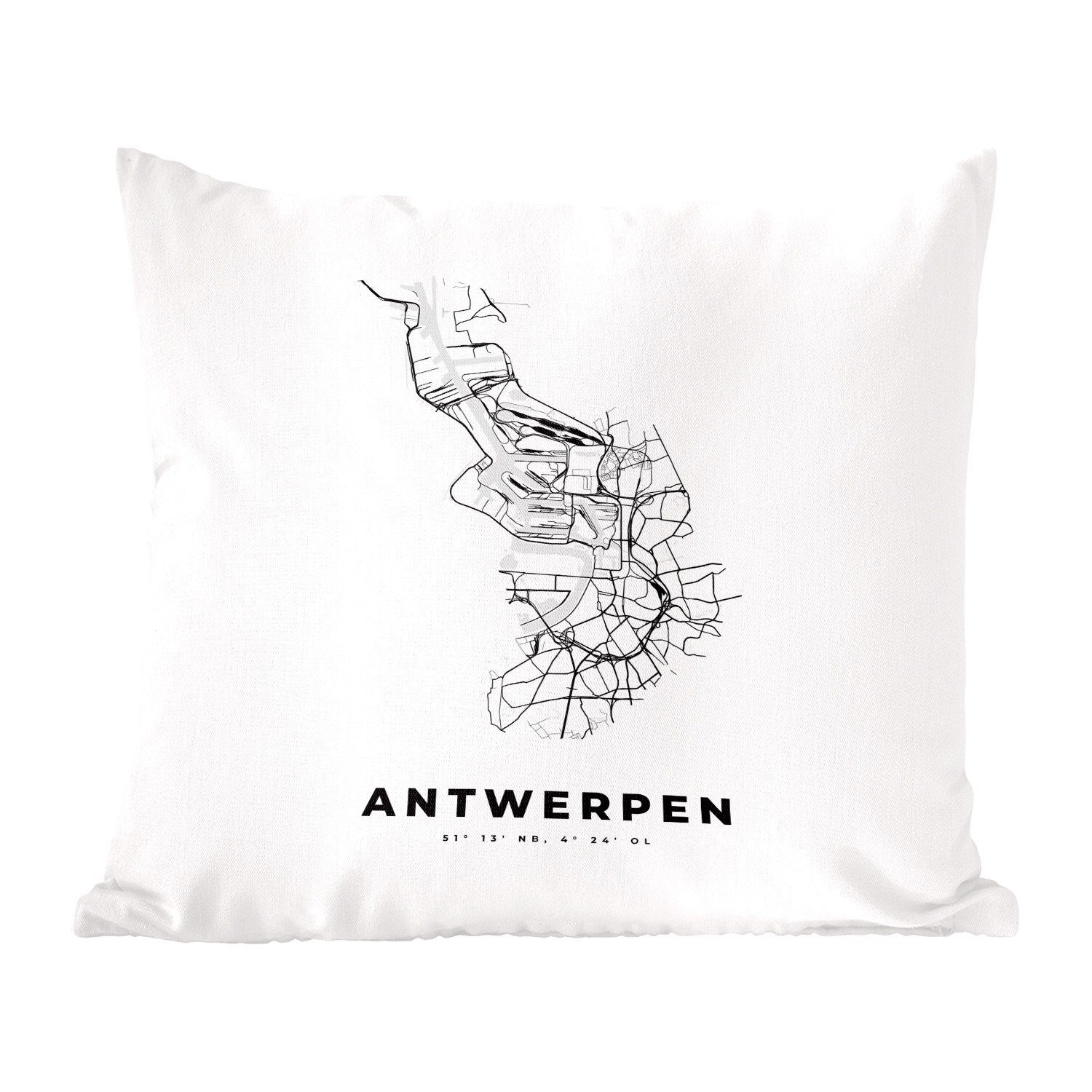 MuchoWow Dekokissen Karte - Stadtplan - Antwerpen - Belgien - Schwarz und weiß, Zierkissen mit Füllung für Wohzimmer, Schlafzimmer, Deko, Sofakissen
