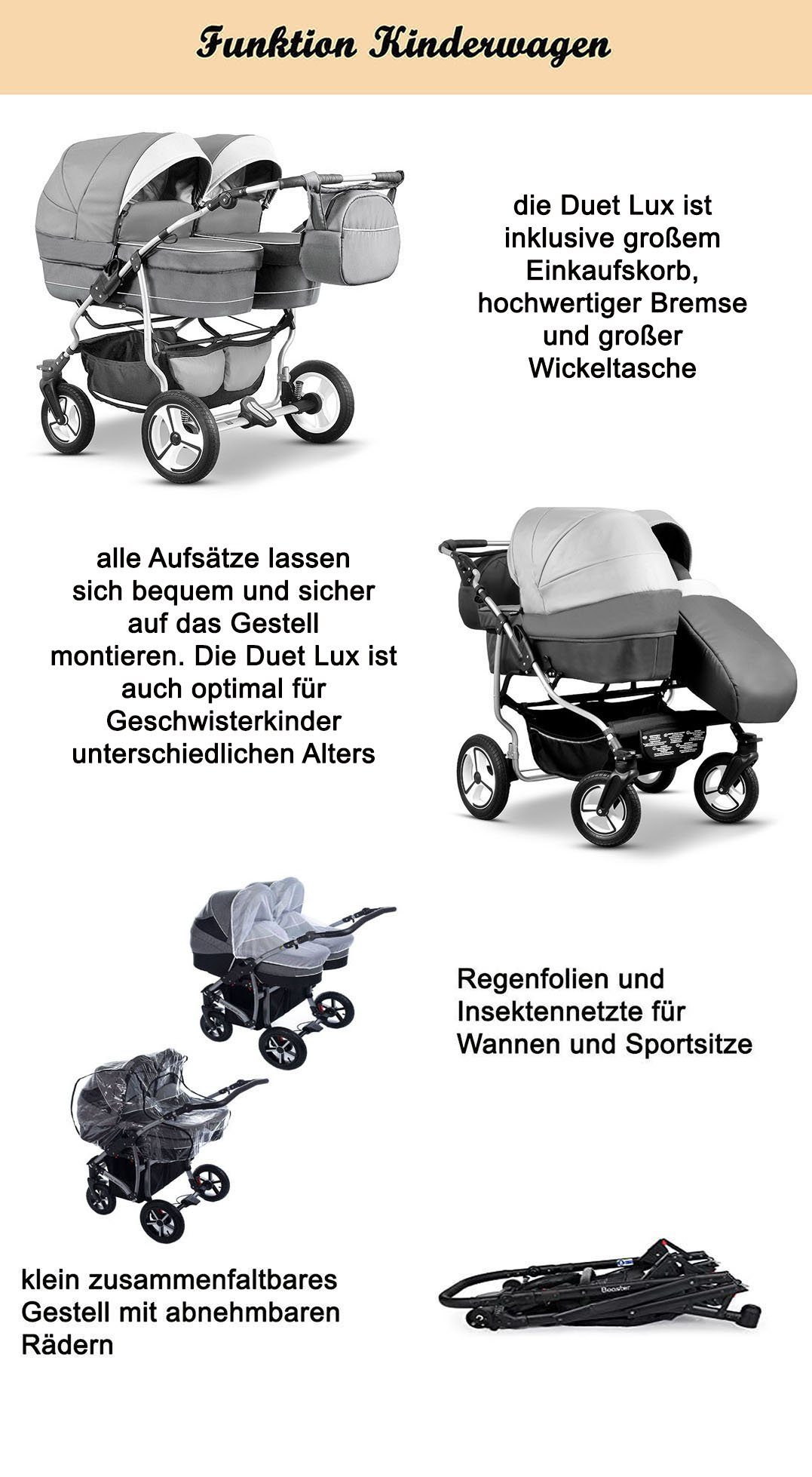 Elcar Zwillings-Kombikinderwagen Zwillingskinderwagen 2 in Schwarz - 17 in - 1 Farben Lux 10 Duet Teile