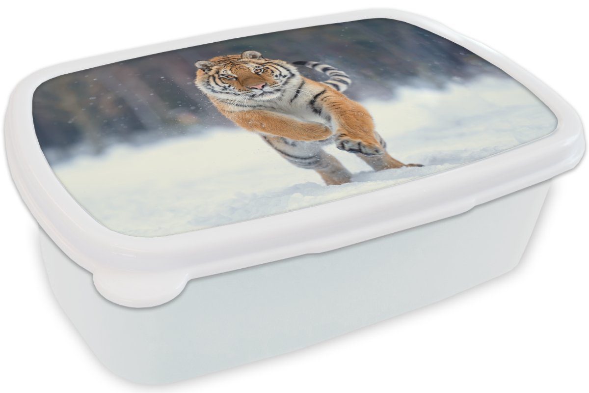 Tiger Kunststoff, für (2-tlg), - weiß Mädchen Landschaft Lunchbox Brotdose, Schnee Jungs und - Kinder MuchoWow Erwachsene, Tiere, und Brotbox - für