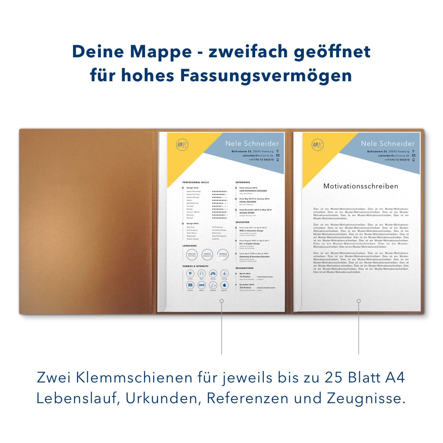 STRATAG Bewerbungsmappe Esclusiva® Exzellent Metallic - 5 Stück 3-teilig mit 2 Klemmschienen (Set, 5-St., Premium-Qualität mit hochwertiger Prägung Bewerbung), direkt vom Hersteller STRATAG - handgefertigt in Deutschland