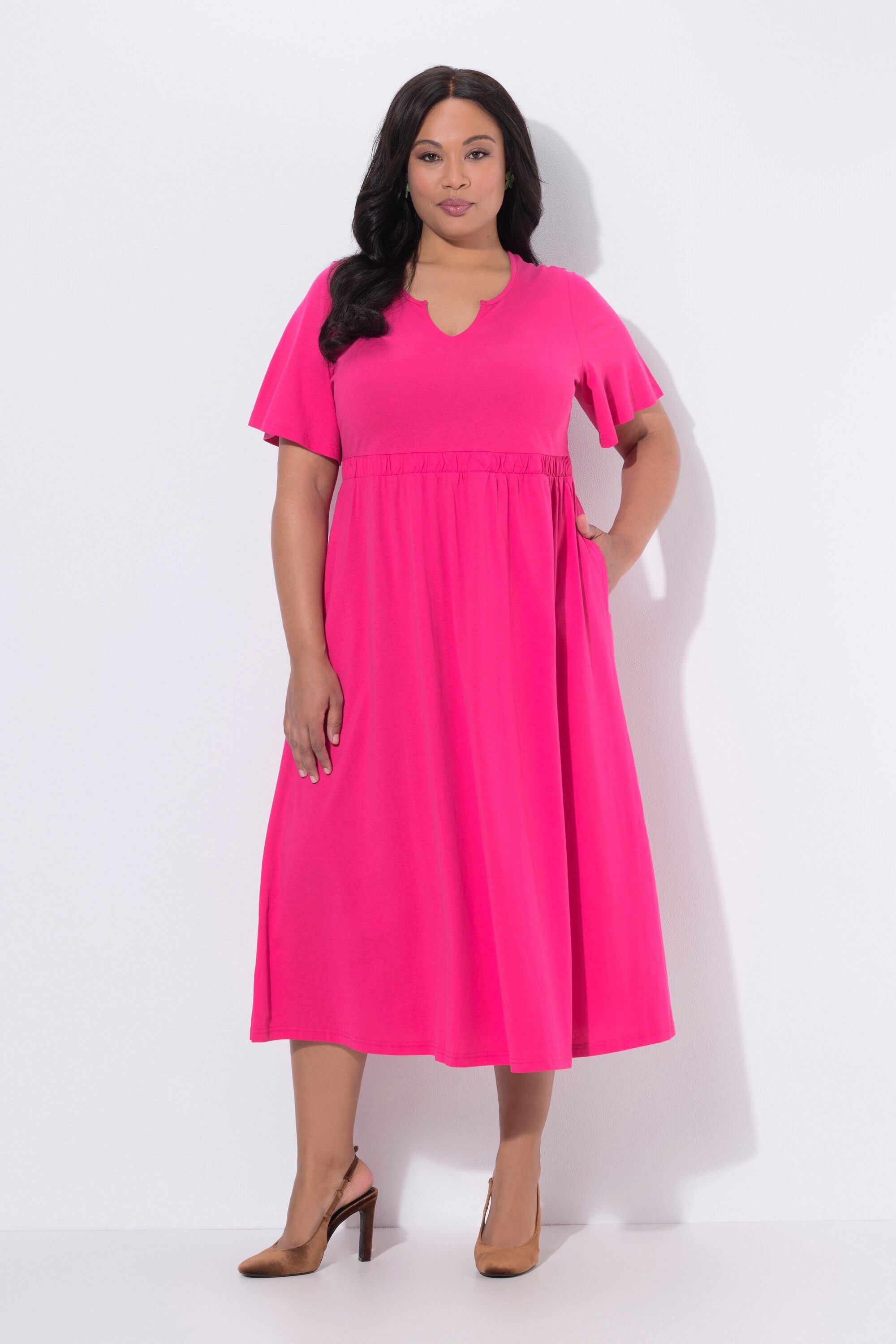 Ulla Popken Maxikleid Maxikleid A-Linie Tunika-Ausschnitt Flügel-Halbarm günstig online kaufen