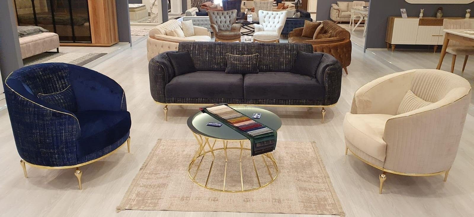 JVmoebel Polstergarnitur Elegante Sofagarnitur in Tiefblau mit goldenen Füßen und Holzdetails, (Set, 3-tlg), Made in Europa