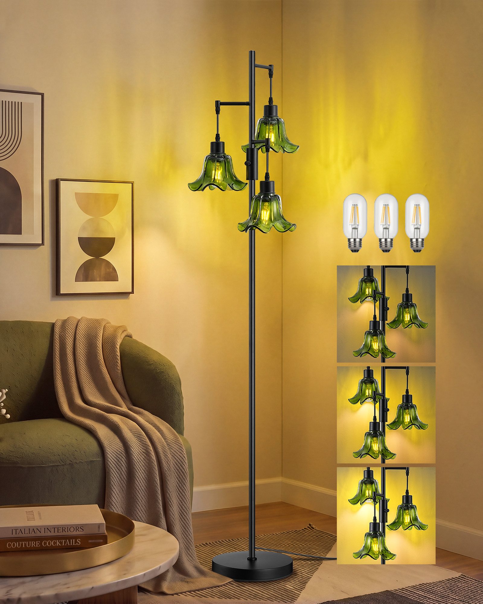 EDISHINE Stehlampe Wohnzimmer, mit Glaslampenschirm. Grün, LED wechselbar, Standleuchte dimmbar, Stehlampe Deko, 3 flammig