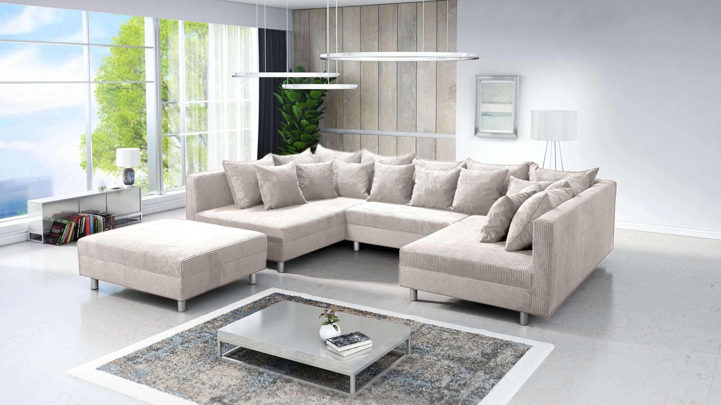 Küchen-Preisbombe Sofa Wohnlandschaft Sofa Couch Ecksofa Eckcouch Cordstoff beige Minsk XXL, Sofa in U-Form mit Hocker