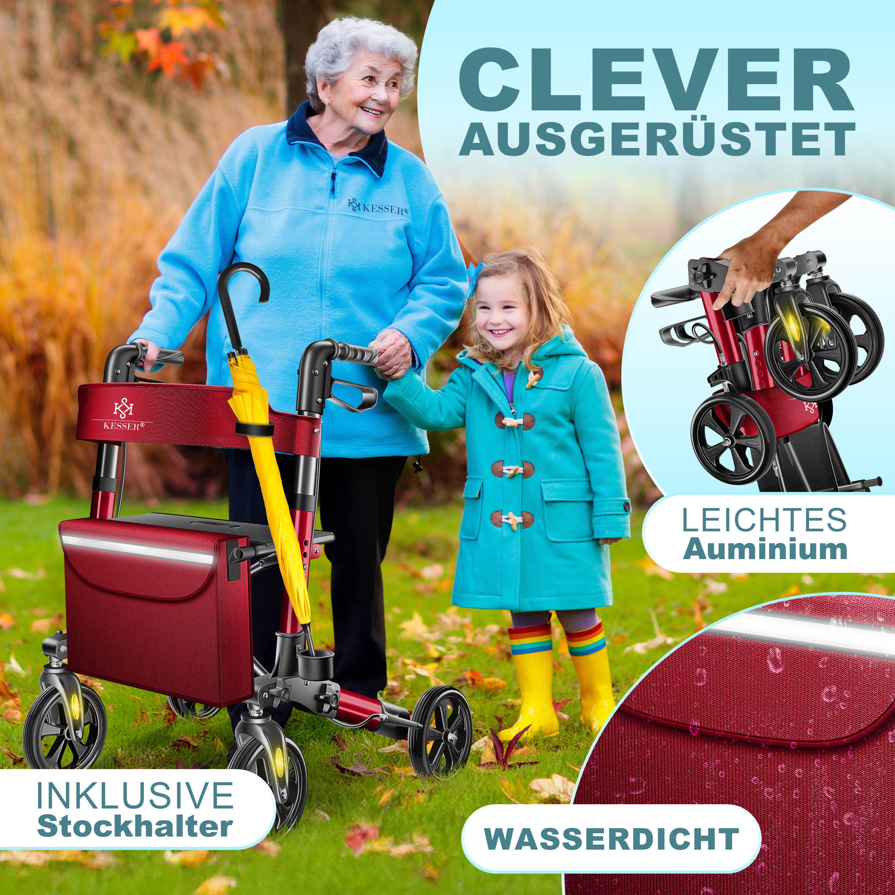 KESSER Rollator Aluminium – faltbar, höhenverstellbar & bis 136 kg belastbar, wetterbeständig, Tasche, Stockhalter, Reflektoren, 360° Gelände Reifen