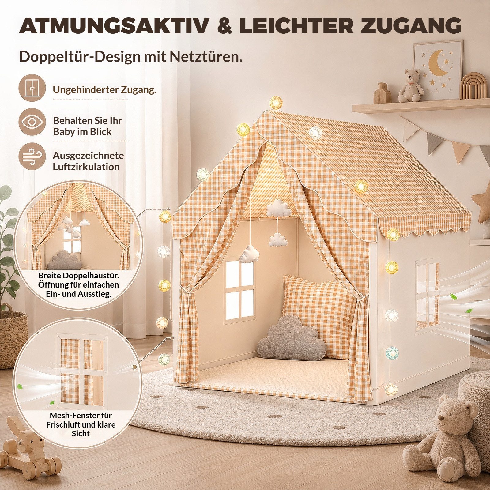 BlingBin Spielzelt Indoor Kinderspielhaus als Spiel- und Bettzelt mit Fenstern (1er Set, 1-tlg., 120 × 105 × 128 cm (L × B × H) bunten Flaggen inklusive Krabbelmatte als Dekor für jedes Kinderzimmer