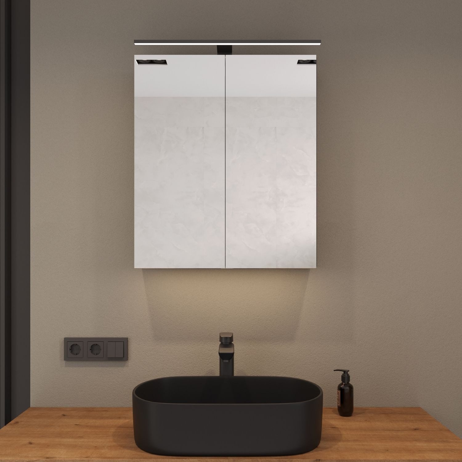 Planetmöbel Spiegelschrank ARIA Badschrank mit Spiegel hängend 60 cm (Spiegelschrank Bad 60 cm mit Beleuchtung und Steckdose, Badspiegelschrank 2-türig) weiß grau